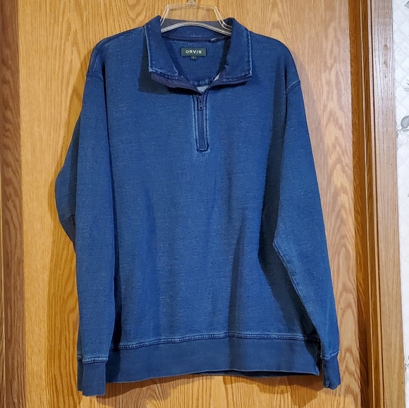 Orvis blue denim 1/4 zip pullover with elbow patches cotton size L - Picture 1 of 9